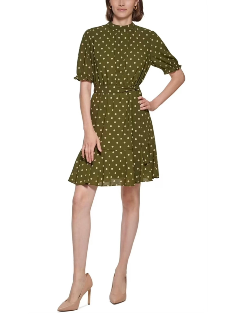 Tommy Hilfiger Olive Green Polka Dot Ruffle Mini Dress Size 10 EUC Coquette Retr